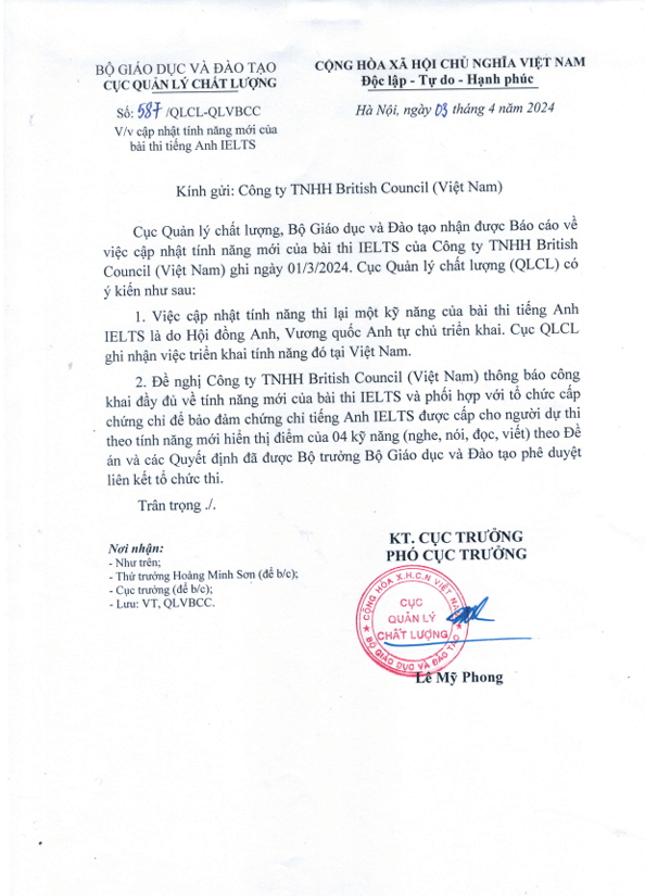 chứng chỉ IELTS One Skill Retake được bộ giáo dục công nhận